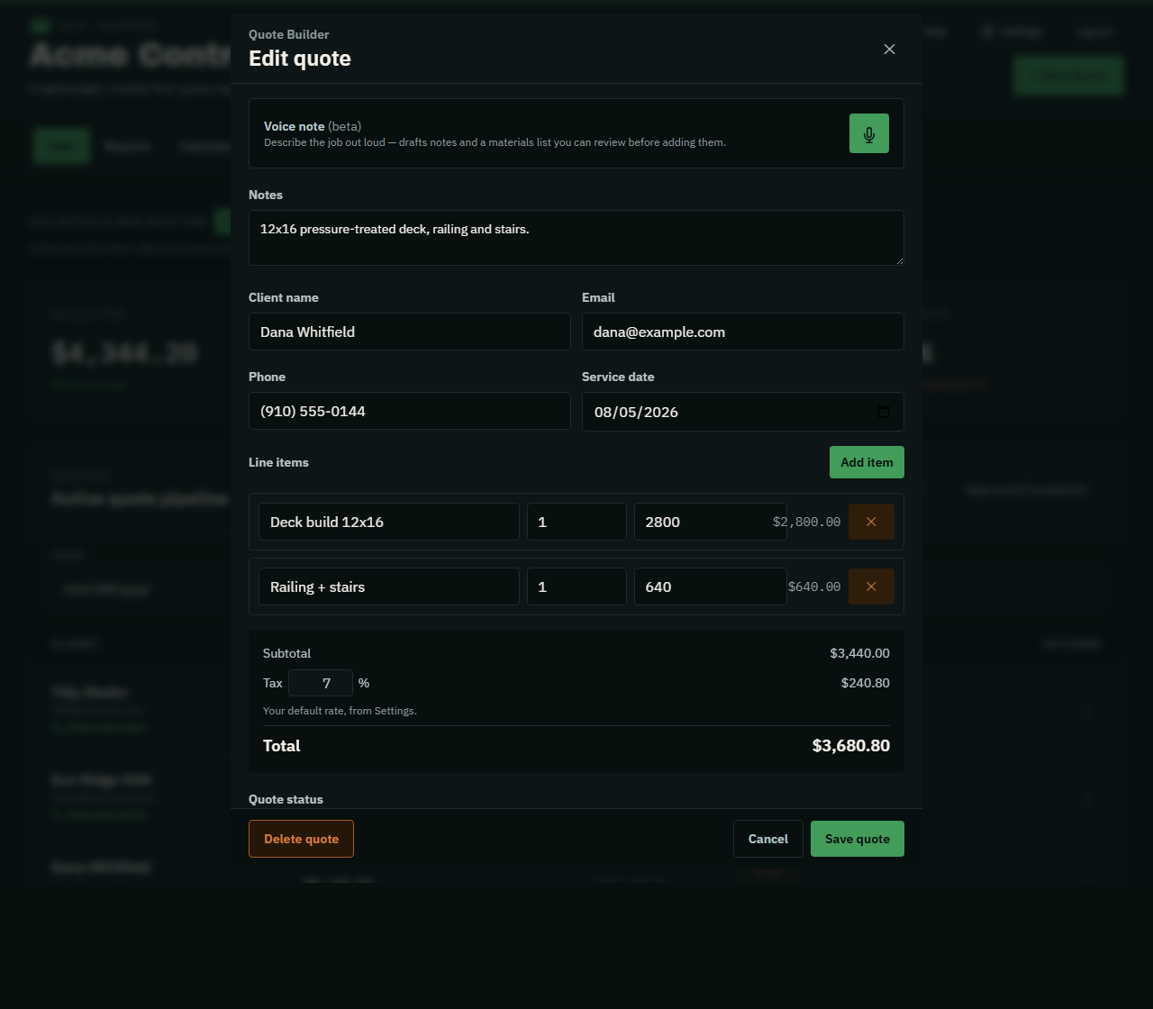 The quote builder with client details, line items, and a live running total
