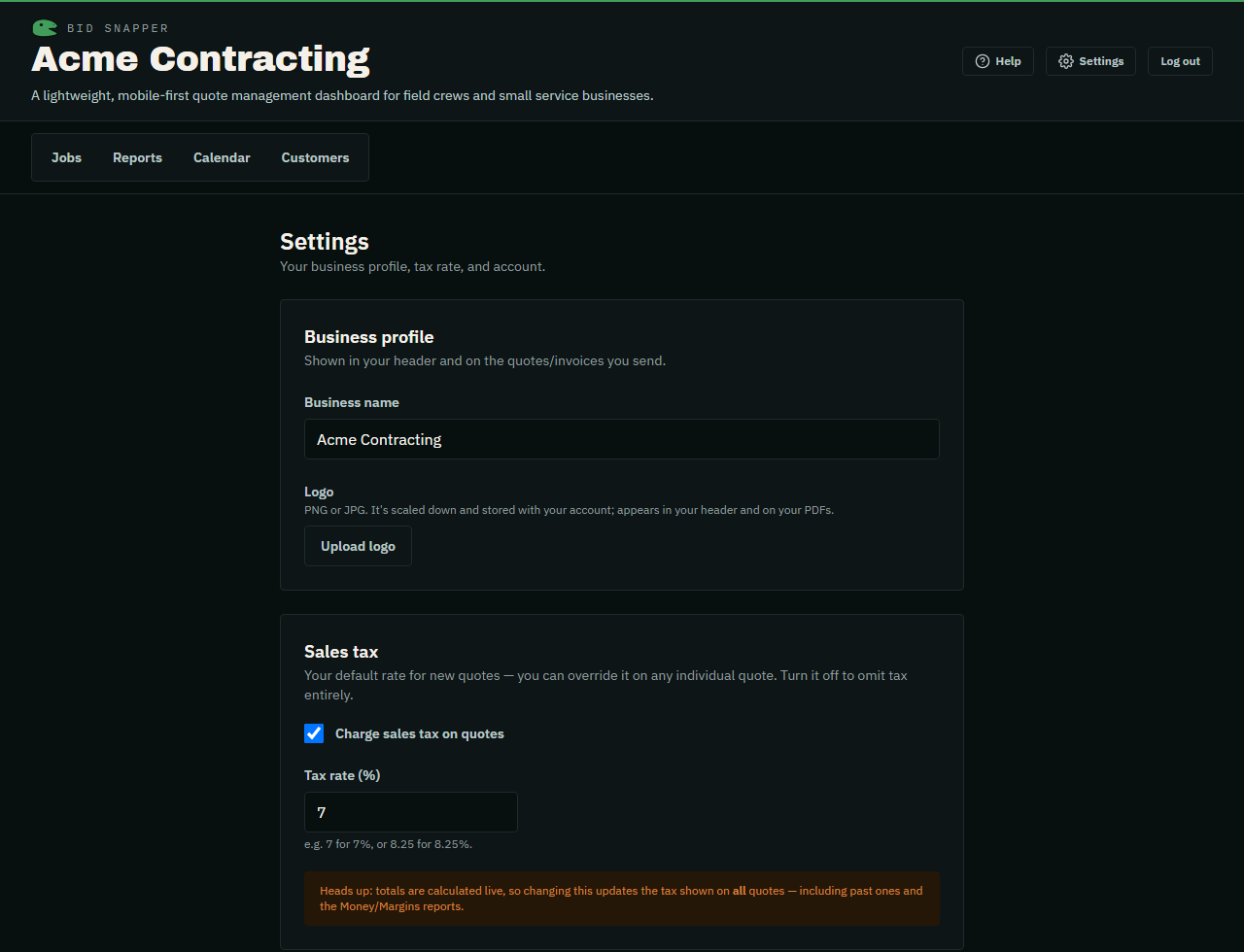 The Settings screen: business logo, sales-tax rate, and password reset
