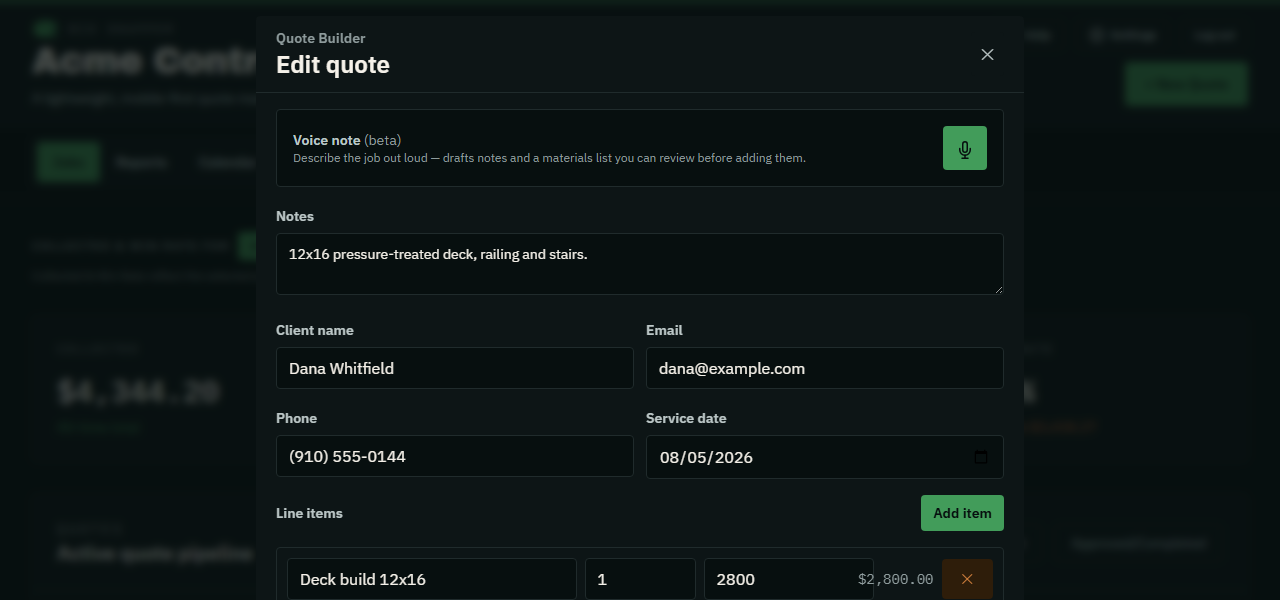 The Voice note panel at the top of the quote builder, with its round mic button